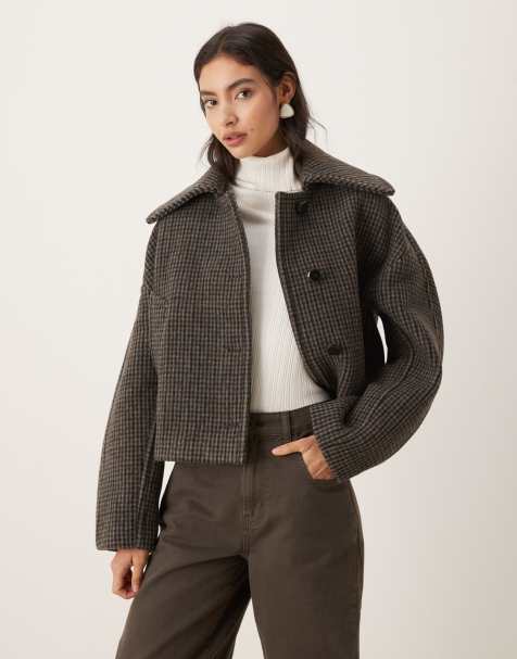 Mango wool mix short jacket with oversized collar in brown check - view 1