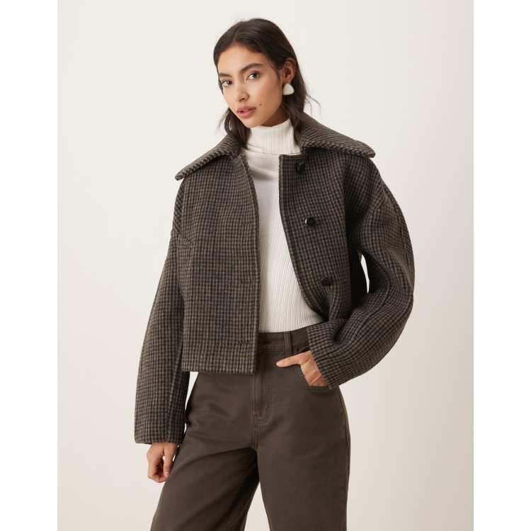 Mango wool mix short jacket with oversized collar in brown check