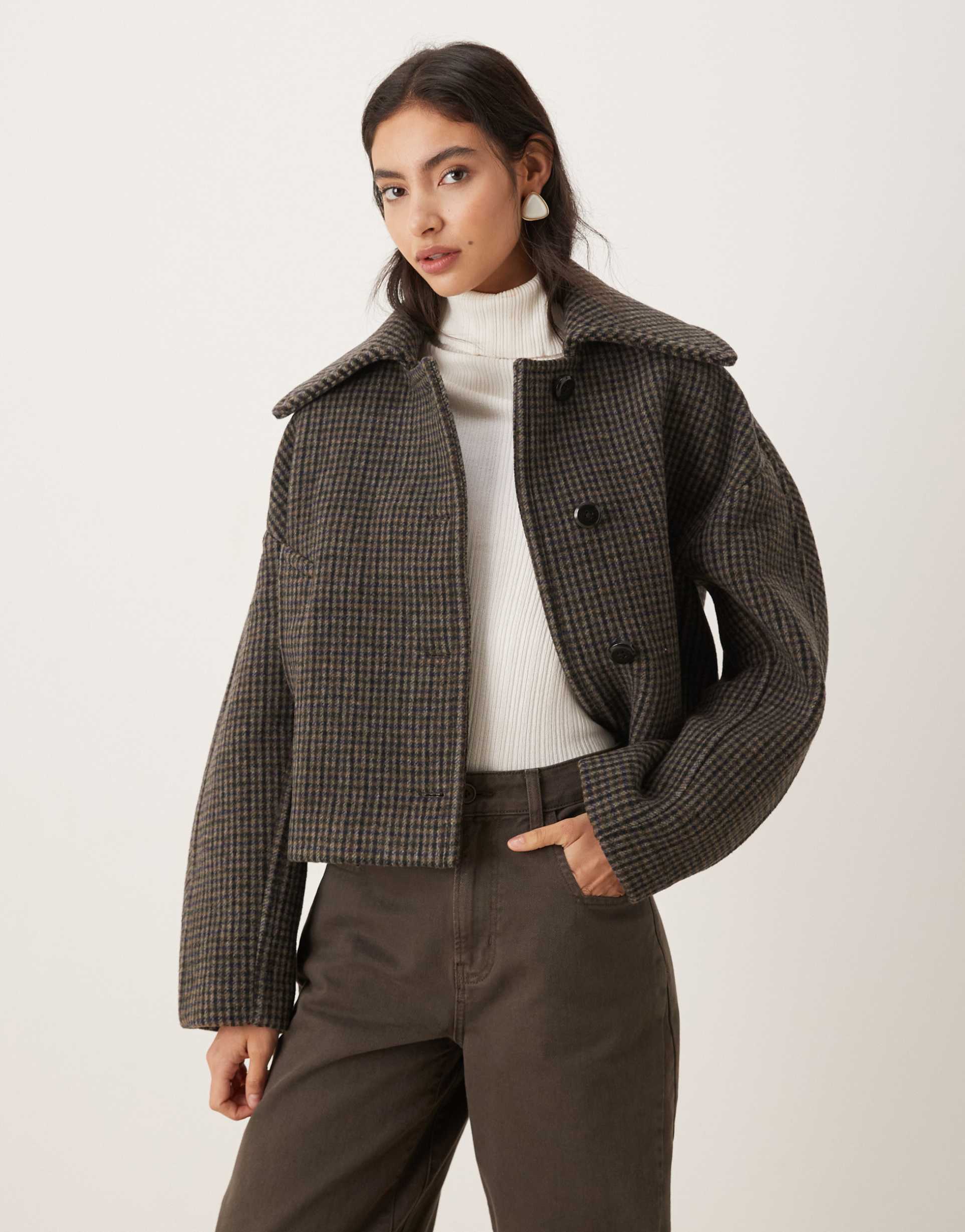 mango wool mix short jacket with oversized collar in brown check