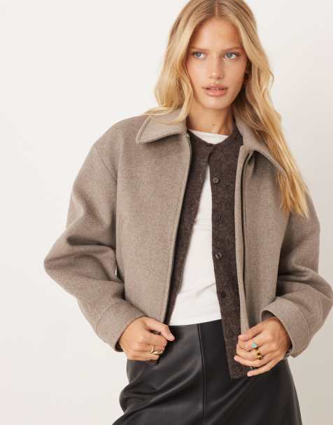 Mango wool mix short zip through jacket in beige - view 1