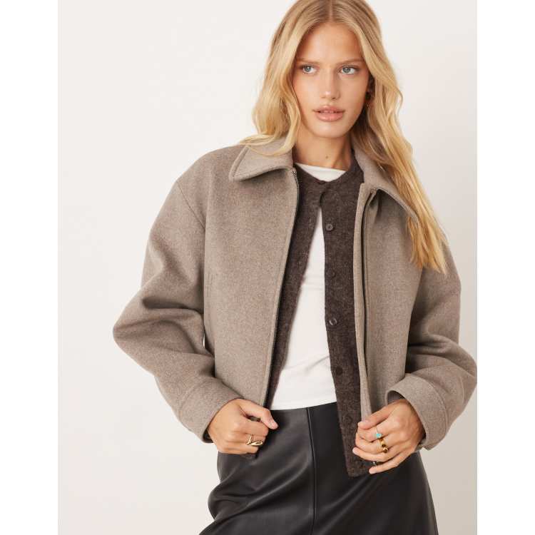 Mango wool mix short zip through jacket in beige | ASOS