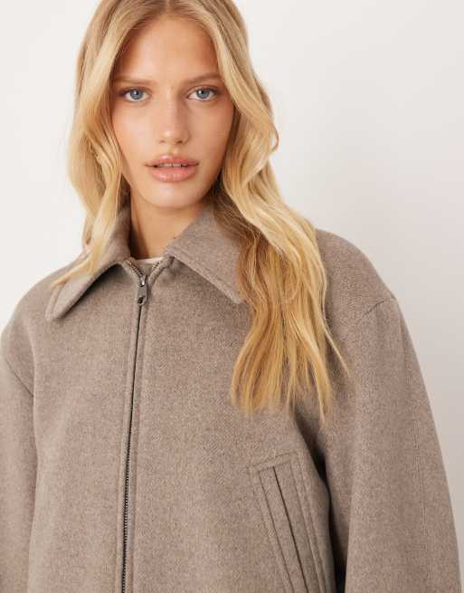 Mango wool mix short zip through jacket in beige | ASOS