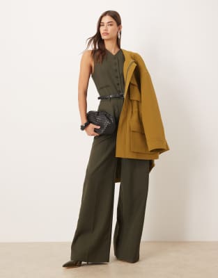 Mango Wool Mix Tailored Belted Vest Jumpsuit In Green
