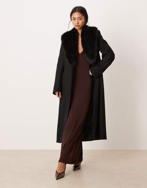 Mango wool mix tailored coat with faux fur collar in black - view 1