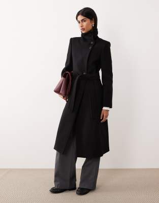 Mango Wool Mix Tailored Funnel Neck Coat In Black