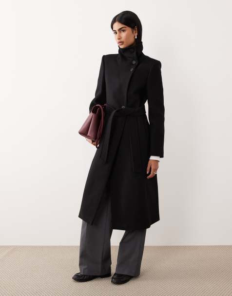 Mango wool mix tailored funnel neck coat in black - view 1