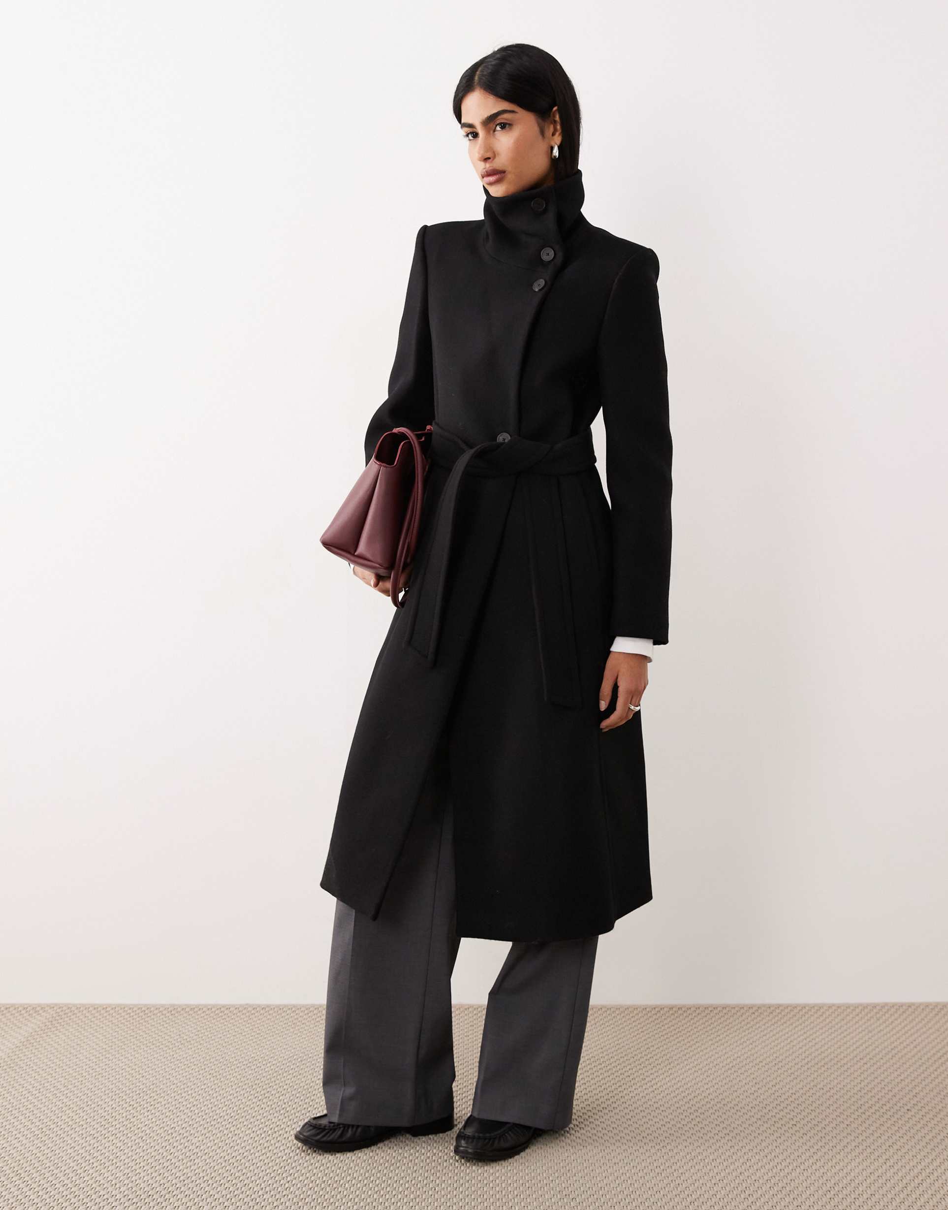 mango wool mix tailored funnel neck coat in black