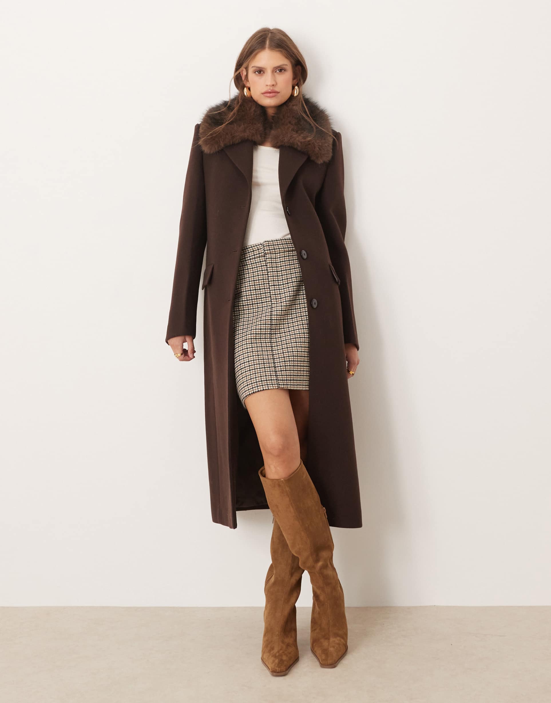 mango wool mix tailored jacket with faux fur collar in brown