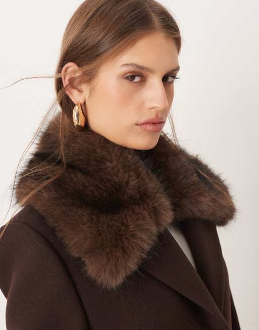 Mango wool mix tailored jacket with faux fur collar in brown, 3 of 4