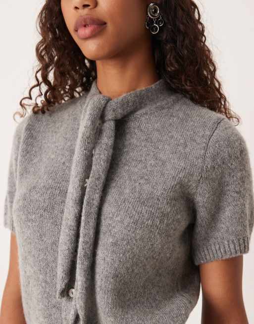 Mango wool mix tie neck short sleeve cardigan in grey, 3 of 4