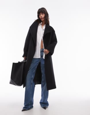 wool mix wrap waist jacket in black