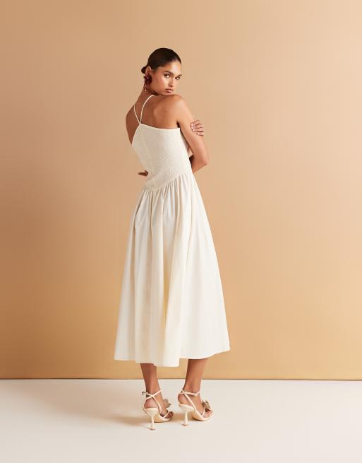 Mango woven halter neck bodice dress with volume A-line skirt in ecru, 2 of 4