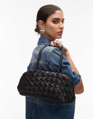 Mango Woven Leather East To West Shoulder Bag In Black