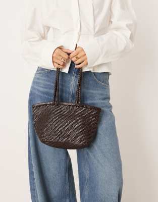 Mango Woven Leather Hand Bag In Brown