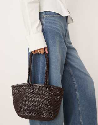 Mango Woven Leather Hand Bag In Brown