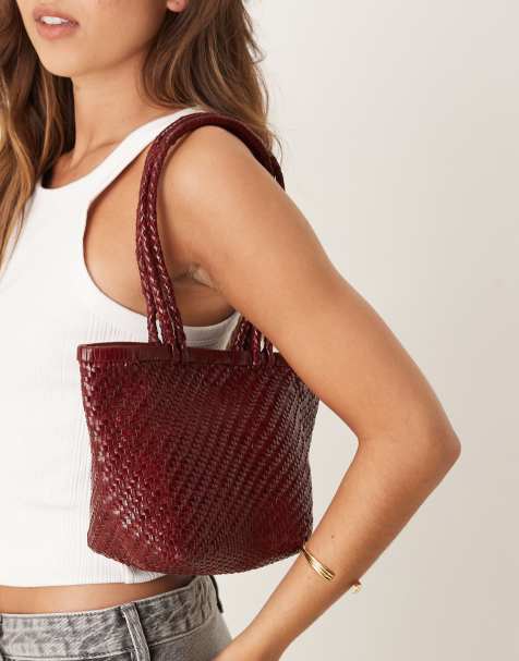 Mango woven leather hand bag in cherry red - view 1