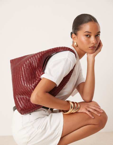Mango woven leather slouchy shoulder bag in cherry red - view 1
