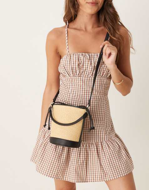 Mango woven lined cross body bag with  drawstring in tan - view 1