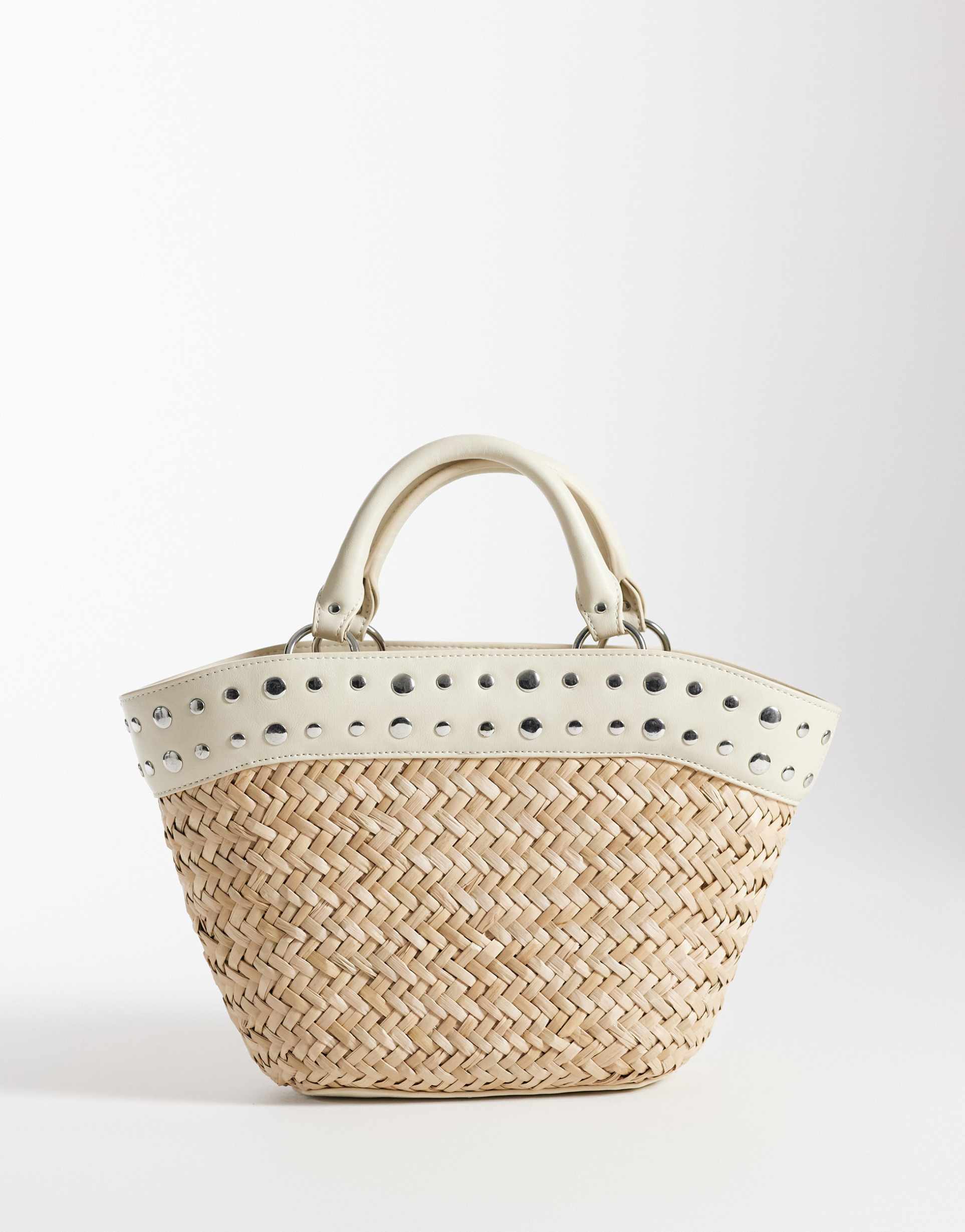 mango woven purse with faux leather studded trim in beige