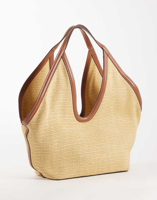 Mango woven shoulder bag in beige with brown trim, 4 of 4