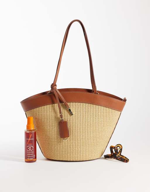 Mango woven shoulder bag with faux leather trim in beige, 2 of 4