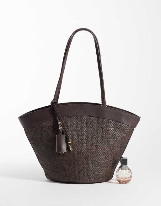 Mango woven shoulder bag with faux leather trim in brown, 2 of 4