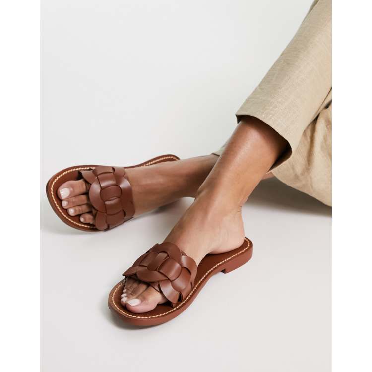 Mango woven strap contrast stitch flat sandal in tan ASOS