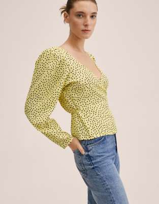 Mango wrap detail blouse in yellow polka dot - ASOS Price Checker