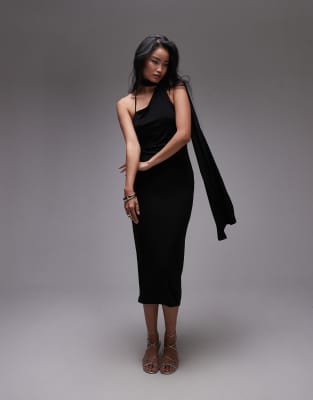 wrap drape midi dress in black