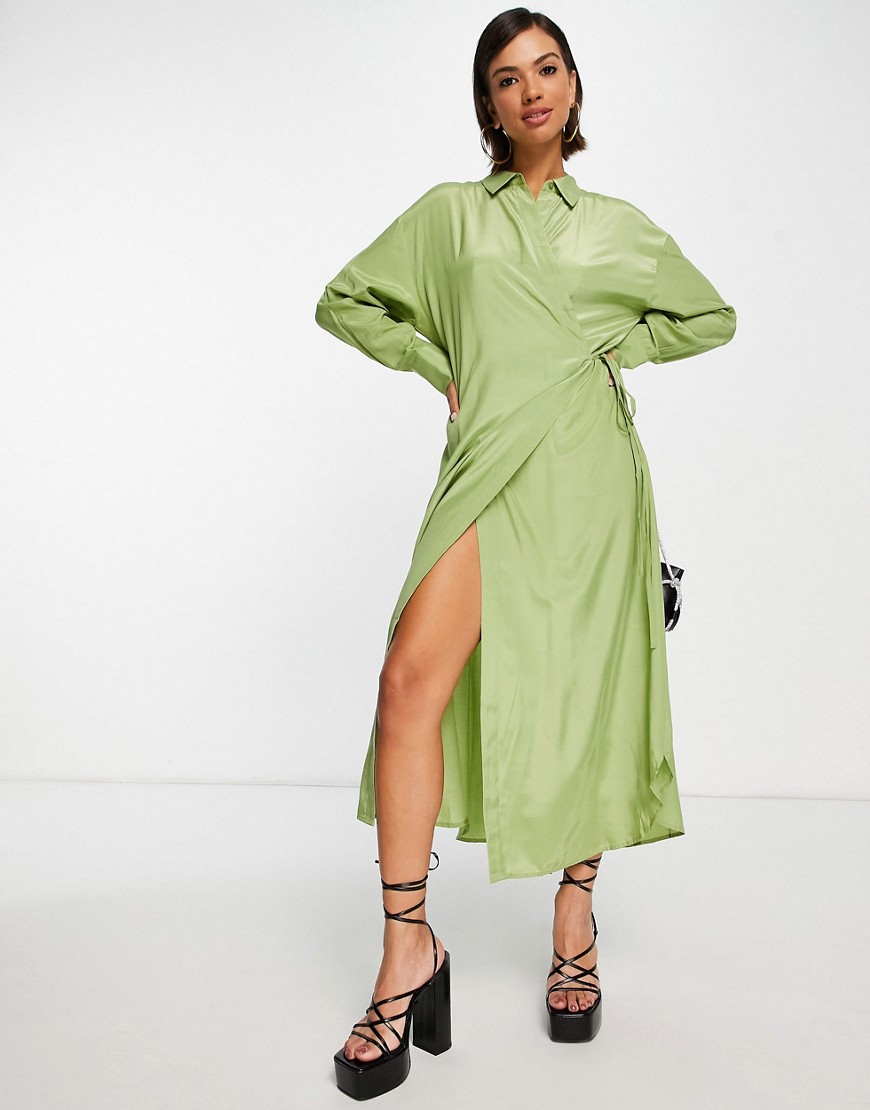 Mango Wrap Dress With Tie Detail In Sage Green | ModeSens