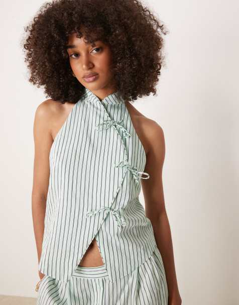 Mango wrap front bow detail top co-ord in green stripe