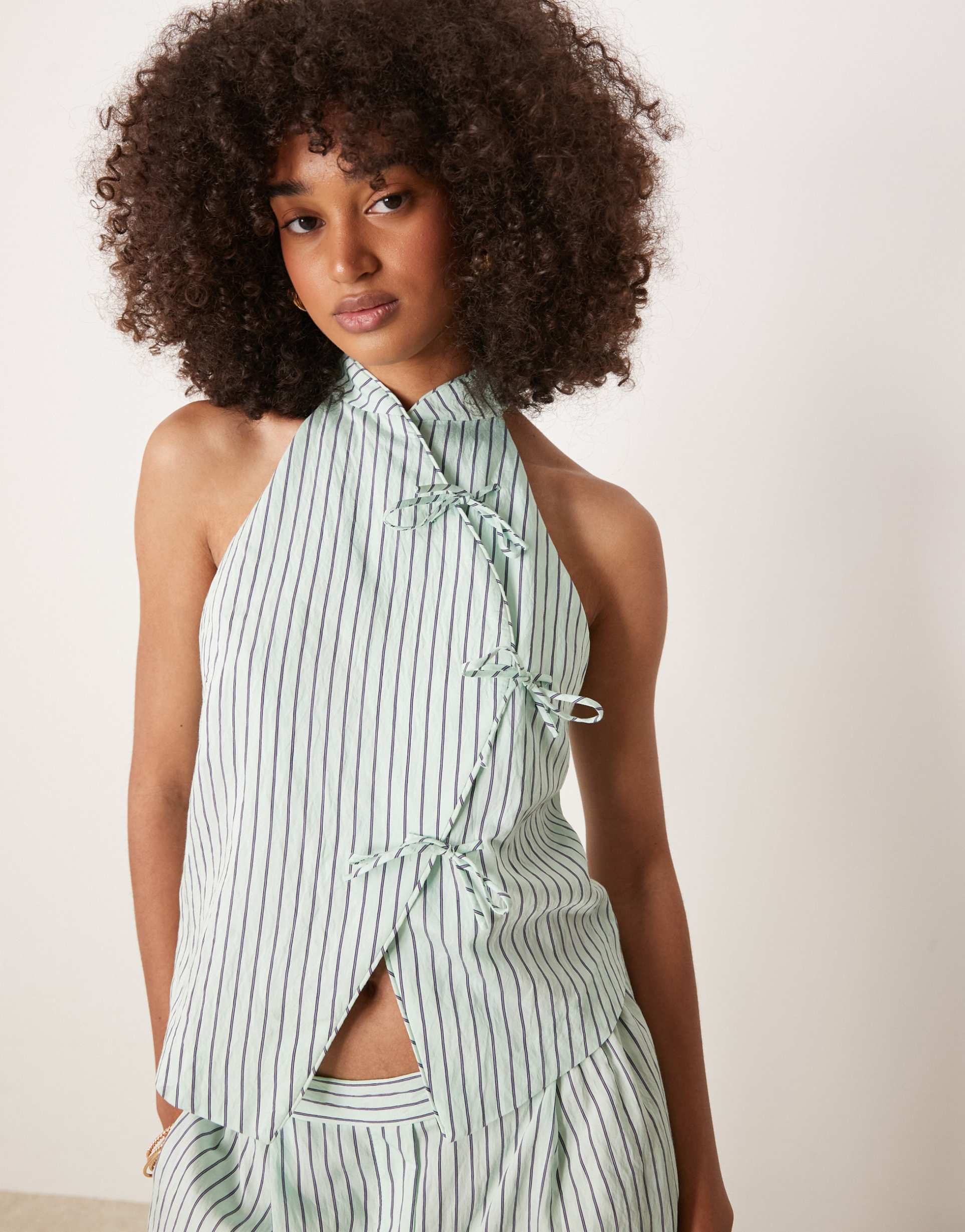 mango wrap front bow detail top in green stripe - part of a set