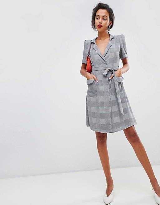 Mango wrap front check dress in grey
