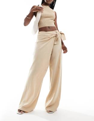 Mango wrap front linen mix trouser in beige-Neutral