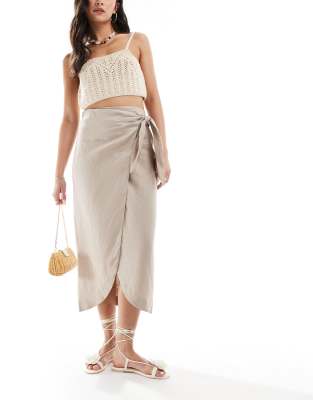 Mango Wrap Front Linen Skirt In Beige-neutral