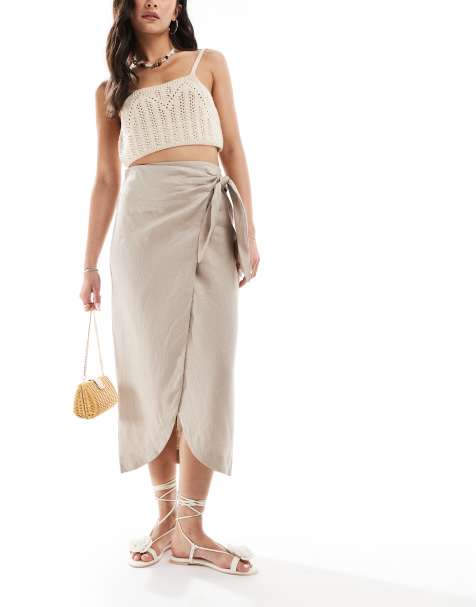 Mango wrap front linen skirt in beige - view 1
