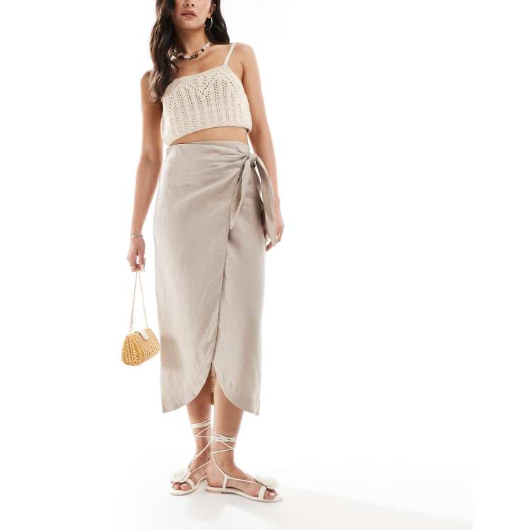 Mango wrap front linen skirt in beige | ASOS