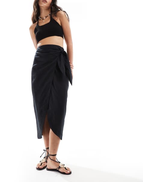 Mango wrap front linen skirt in black - view 1