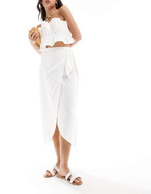 Shop Mango Wrap Front Linen Skirt In White