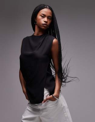 Shop Mango Wrap Front Satin Sleeveless Top In Black