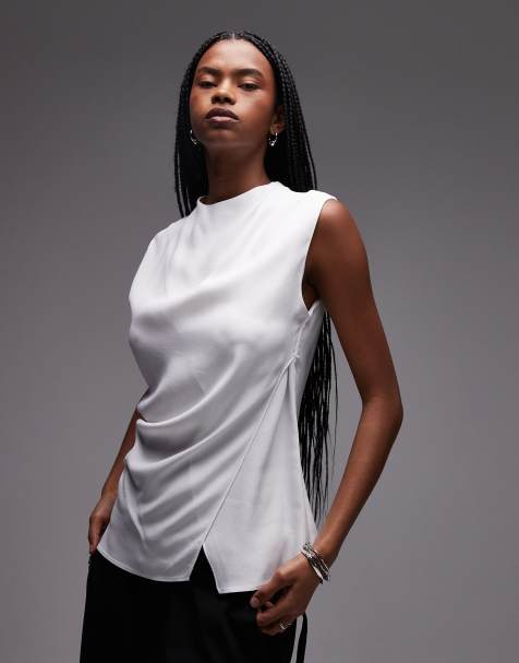 Mango wrap front satin sleeveless top in white - view 1