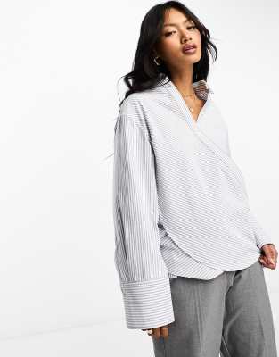 Mango wrap front shirt in blue stripe - ASOS Price Checker