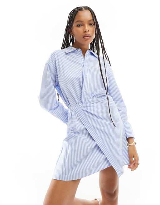 Mango wrap side striped dress in light blue