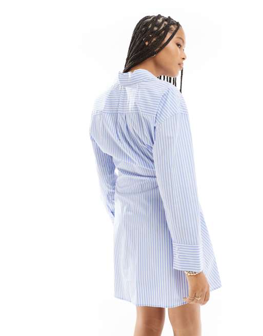 Mango wrap side striped dress in light blue | ASOS