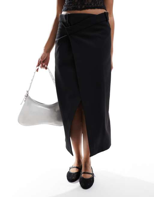 Mango wrap tailored midi skirt in black