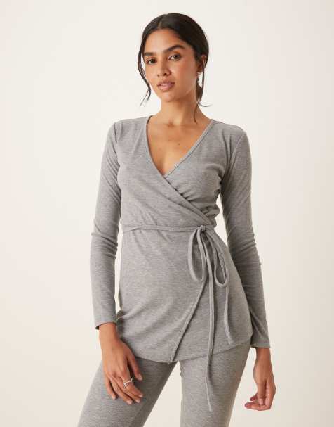 Mango wraparound ribbed knit pajama top in slate gray - part of a set - view 1