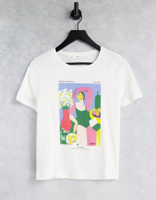 Mango x Ana Leovy - Vrouwendag - T-shirt van katoen met grafische print in wit - WHITE