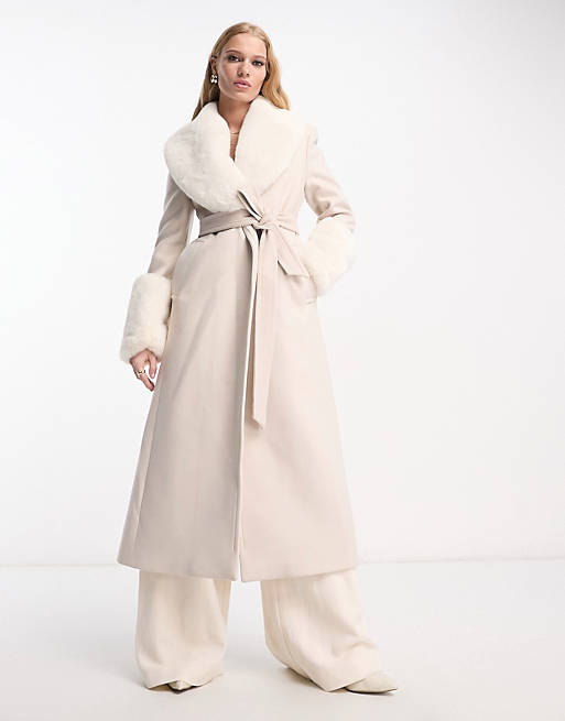 Mango x Camille - Beige longline-frakke med bindebælte og krave og ærmer i imiteret | ASOS