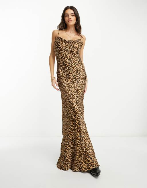 Mango x Camille cowl neck midaxi dress with thigh split in leopard print