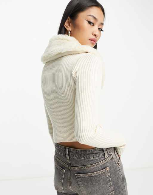 Mango x Camille cropped knit cardigan with faux fur collar in beige